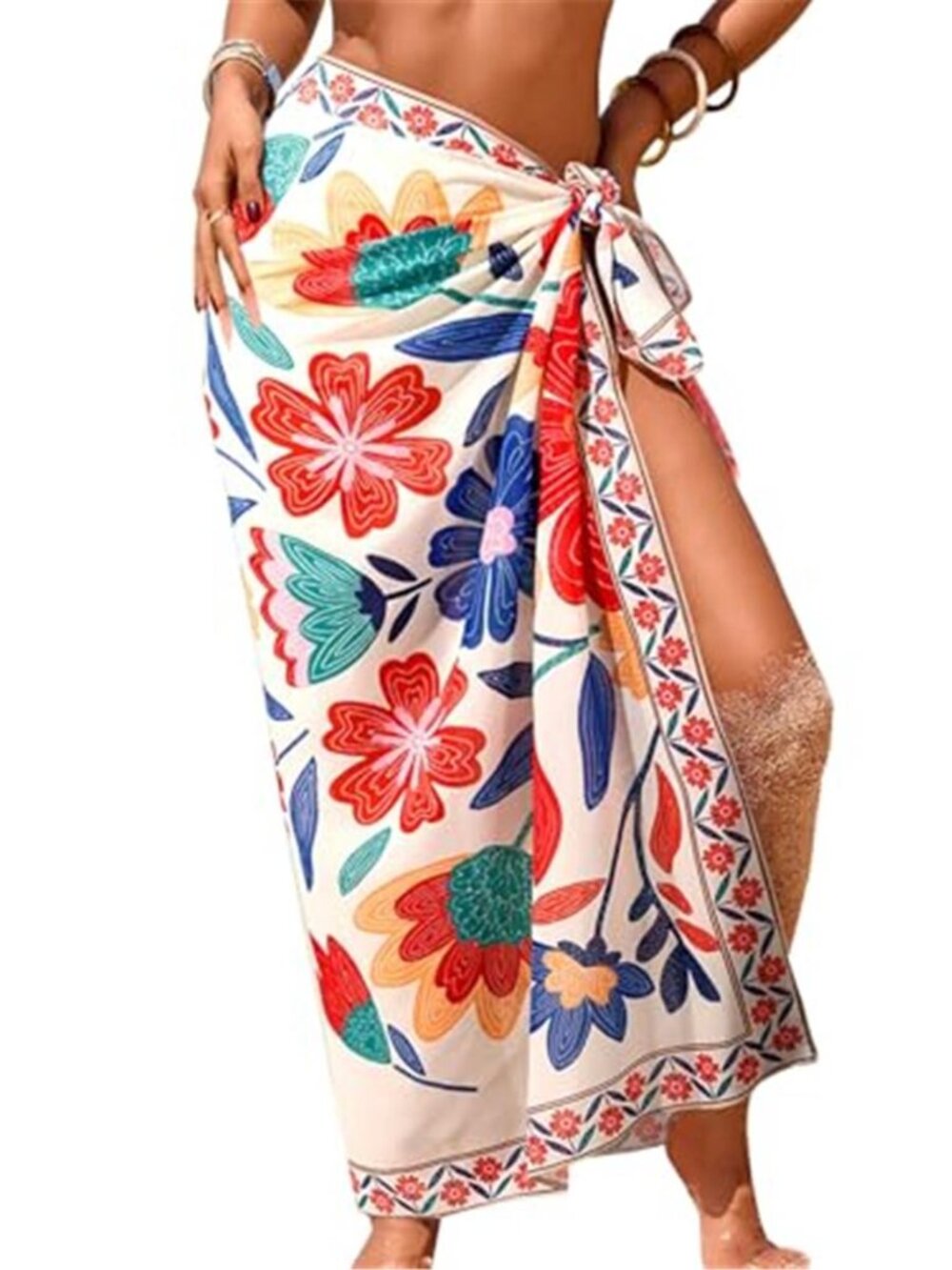 Herseas Floral Chiffon Sarong Swim Cover Up High Slit Beach Wrap Maxi Skirt